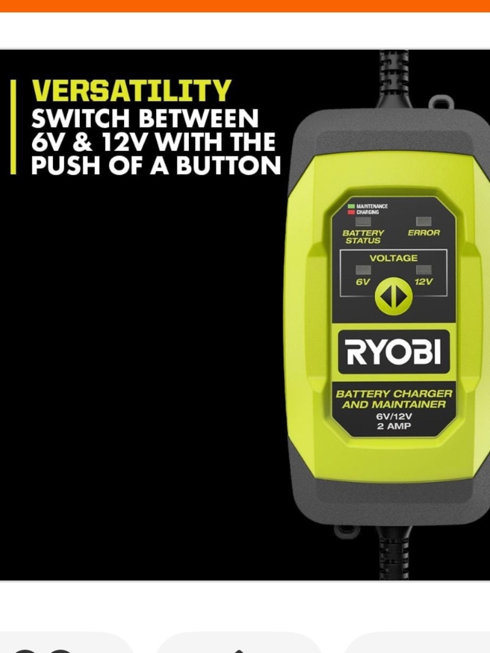 RYOBI 6V/12V 2 Amp Battery Charger & Maintainer - Yellow/Black - Picture 6 of 10